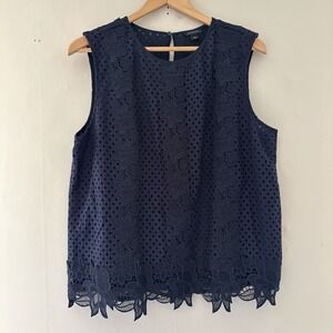 Ann Taylor Womens Eyelet Floral Romantic Top Size L Blue Sleeveless Office Boho